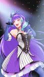  1girl blue_gloves breasts cleavage elbow_gloves gloves hair_bun hair_ornament hair_stick hand_on_own_chest highres holding holding_microphone looking_to_the_side lord_jaywalk macross macross_delta microphone mikumo_guynemer music open_mouth purple_hair red_eyes singing small_breasts solo 