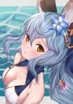  1girl :o animal_ears bangs bare_shoulders blue_flower blue_hair blue_ribbon blush breasts brown_eyes bunny_ears cleavage erune eyebrows_visible_through_hair ferry_(granblue_fantasy) flower granblue_fantasy hair_between_eyes hair_flower hair_ornament hair_ribbon highres jewelry long_hair looking_at_viewer medium_breasts ribbon sideboob single_earring solo swimsuit uneg upper_body water wavy_hair 