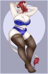  anthro big_breasts blue_border blue_eyes border bovid bovine bra breasts catsmeow cleavage clothed clothing female hair hi_res legwear mammal panties pose red_hair solo thigh_highs underwear white_body 