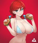  1girl bikini bikini_top braid breasts cleavage donburikazoku fast_food food freckles hamburger highres holding holding_food large_breasts long_hair looking_at_viewer navel pinstripe_pattern red_background red_hair shiny shiny_hair smile smug solo striped striped_bikini swimsuit twin_braids upper_body vertical_stripes wendy&#039;s wendy_(wendy&#039;s) 