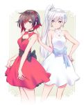  2girls black_hair choker dress earrings formal gradient_hair headband highres iesupa jewelry left-handed multicolored_hair multiple_girls pendant ponytail red_hair ruby_rose rwby scar scar_across_eye short_hair side_ponytail two-tone_hair weiss_schnee white_hair 