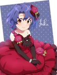  bangs bare_shoulders black_gloves blue_background blue_hair breasts brown_eyes character_name collarbone dress elbow_gloves flower gloves hair_between_eyes hair_flower hair_ornament highres idol idolmaster idolmaster_million_live! large_breasts layered_dress polka_dot polka_dot_background red_dress red_flower red_rose rose short_hair sitting sleeveless tahara_emu toyokawa_fuuka wavy_hair 