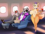  4:3 aircraft airplane aloha_shirt annoyed anthro beverage big_breasts black_nose bottomwear breasts canid canine canis clothing crossgender curvaceous curvy_figure dracojeff duo duo_focus eye_patch eyewear female flight_attendant flirting fluffy fluffy_tail footwear fox fox_mccloud fur green_eyes grey_body grey_fur group hand_on_hip high_heels hourglass_figure male mammal nintendo nude orange_body orange_fur pouting red_eyes red_fox sandals serving shoes shorts smile smirk star_fox tan_body tan_fur tray video_games voluptuous wide_hips wolf wolf_o&#039;donnell 