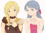  2girls aqua_eyes aqua_hair bianca blonde_hair blue_eyes blue_hair blush braid breasts cape choker closed_mouth dragon_quest dragon_quest_v dress earrings flora hair_over_shoulder jewelry long_hair looking_at_viewer miyama_(kannsannn) multiple_girls open_mouth simple_background single_braid smile white_background 