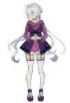  1girl aisutabetao eyebrows_visible_through_hair full_body hands_together highres long_hair looking_at_viewer pout purple_eyes senki_zesshou_symphogear simple_background solo tachi-e thighhighs white_background white_hair yukine_chris 