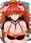  1girl absurdres amou_kanade bikini bikini_top breasts crossed_arms flower hair_flower hair_ornament highres large_breasts long_hair orange_eyes orange_hair senki_zesshou_symphogear senki_zesshou_symphogear_xd_unlimited shishin_(shishintei) smile swimsuit symphogear_pendant 