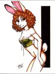  absurd_res anthro bottomless brown_hair clothed clothing female fluffy fluffy_tail fur hair hi_res lagomorph leporid looking_at_viewer mammal rabbit solo terrie_smith traditional_media_(artwork) underwear 