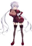  1girl aisutabetao between_breasts breasts cleavage hand_on_hip hand_on_own_thigh highres jewelry large_breasts leaning_forward long_hair looking_at_viewer necklace purple_eyes scowl senki_zesshou_symphogear solo thighhighs twintails v-shaped_eyebrows white_hair yukine_chris 