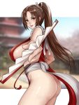  1girl ass bangs bare_shoulders blurry blurry_background blush breasts brown_eyes brown_hair fan fatal_fury fingernails from_side highres holding large_breasts lips long_hair looking_at_viewer ninja nyatokanyaru parted_bangs revealing_clothes rope shiny shiny_hair shiny_skin shiranui_mai sideboob sleeveless smile the_king_of_fighters thighs tied_hair 