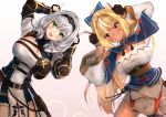  2girls :d armor bangs black_gloves blonde_hair blush bow braid breasts cleavage dark_skin dragon_ball dragon_ball_z elf eyebrows_visible_through_hair fingerless_gloves fusion_dance gloves gold_trim green_eyes hair_between_eyes hair_bow hair_ornament hololive holstered_weapon large_breasts leaning_to_the_side long_hair looking_at_viewer mace mole mole_on_breast multiple_girls open_mouth parody pointy_ears ponytail pose red_eyes shiranui_flare shirogane_noel short_hair shoulder_cutout signature silver_hair single_thighhigh skirt smile takamiya_so thighhighs two-tone_dress virtual_youtuber weapon wrist_guards 