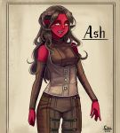  1girl black_hair breasts character_name ciov commission demon_girl demon_horns dungeons_and_dragons fantasy highres horns long_hair looking_at_viewer medium_breasts original pointy_ears red_skin solo tiefling yellow_eyes 