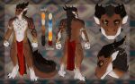  3_toes abs anthro areola black_hair black_horn black_tattoo clothing dantewolfguy detailed_background facial_scar front_view full-length_portrait fur hair half_naked horn loincloth long_ears long_hair male model_sheet multicolored_body multicolored_fur muscular muscular_anthro muscular_male necklase nipples orange_eyes portait portrait rear_view red_loincloth scar side_view solo standing tattoo teeth toes 