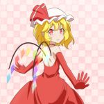  1girl alternate_costume backless_dress backless_outfit bangs bare_shoulders blonde_hair cato_(monocatienus) checkered checkered_background choker commentary_request cowboy_shot dress elbow_gloves eyebrows_visible_through_hair flandre_scarlet from_behind gloves hat hat_ribbon looking_at_viewer looking_back mob_cap outstretched_arms parted_lips pink_background red_choker red_dress red_eyes red_gloves ribbon short_hair slit_pupils solo spread_arms standing touhou white_headwear wings 