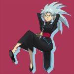  1girl black_dress cabbit crossed_legs dress earrings full_body jewelry light_blue_hair long_dress looking_to_the_side oldschool painttool_sai_(medium) pairu red_background ryou-ouki ryouko_(tenchi_muyou!) shin_tenchi_muyou! shoes simple_background spiked_hair tenchi_muyou! 