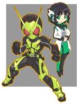  1boy 1girl aqua_eyes black_hair chibi clenched_hands fighting_stance hands_together is_(kamen_rider_01) kamen_rider kamen_rider_01_(series) kamen_rider_zero-one king_of_unlucky red_eyes short_hair tokusatsu 