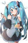  1girl absurdres bangs bare_shoulders black_skirt black_sleeves blue_eyes blue_hair blue_neckwear blush breasts cake cake_slice closed_mouth collared_shirt commentary_request cowboy_shot detached_sleeves eyebrows_visible_through_hair food fork fruit grey_shirt hair_ornament hatsune_miku head_tilt highres holding holding_fork holding_plate huge_filesize long_hair long_sleeves looking_at_viewer necktie plate pleated_skirt shirt simple_background skirt sleeveless sleeveless_shirt small_breasts smile solo strawberry strawberry_shortcake twintails very_long_hair vocaloid white_background wide_sleeves yudetama 