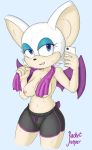  absurd_res anthro blue_eyes bodily_fluids bottomwear breasts censored chiropteran clothed clothing female hi_res mammal r0cketjumper rouge_the_bat selfie shorts solo sonic_the_hedgehog_(series) sweat topless towel 