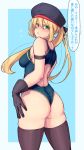  1girl absurdres artoria_pendragon_(all) artoria_pendragon_(caster) back_cutout black_gloves black_legwear black_ribbon blonde_hair blue_background blue_headwear cowboy_shot fate/grand_order fate_(series) from_behind gloves green_leotard hair_ribbon highres ishibori_eregomos leotard looking_at_viewer ribbon thighhighs translated two-tone_background 