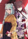  2girls alternate_costume animal_ears arknights bangs bear_ears black_hakama blue_eyes blurry_foreground book braid brown_hair commentary_request eyebrows_visible_through_hair flower grin hair_flower hair_ornament hakama highres holding holding_book holding_umbrella istina_(arknights) japanese_clothes kimono long_hair long_sleeves looking_at_viewer monocle multicolored_hair multiple_girls oriental_umbrella parted_lips partial_commentary red_hair red_umbrella silver_hair single_braid smile star_(symbol) star_hair_ornament streaked_hair toyoharu umbrella white_flower white_kimono wide_sleeves yellow_kimono zima_(arknights) 