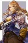  1girl agrias_oaks armor blonde_hair braid breastplate brown_gloves clenched_hand final_fantasy final_fantasy_tactics gloves highres holding holding_sword holding_weapon long_hair nightmare-kck parted_lips pauldrons shoulder_armor signature solo sword two-tone_background weapon 