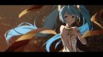  1girl agas_(vpwt7475) aqua_eyes aqua_hair armband blurry blurry_background blurry_foreground commentary_request depth_of_field dress hand_on_own_chest hatsune_miku letterboxed ribbon smile solo sparkle strapless strapless_dress twintails upper_body vocaloid 
