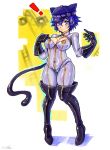  1girl alternate_breast_size blue_eyes blue_hair blue_headwear bodysuit boots breasts cleavage cosplay gloves hat highres large_breasts looking_down oomasa_teikoku persona persona_4 persona_5 shirogane_naoto short_hair skin_tight solo tail takamaki_anne takamaki_anne_(cosplay) thigh_boots thighhighs 