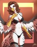  4:5 anthro aubrey_(character) avian bird brown_hair clothing falcon falconid female feralise gyrfalcon hair lingerie solo spread_wings talons wings 