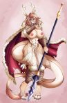  2020 abs absurd_res anthro anthrofied areola big_breasts breasts cape claws clothing curvaceous curvy_figure dragon ear_piercing ear_ring female floppy_ears fur genitals hair hi_res holding_object holding_weapon horn huge_breasts long_ears looking_at_viewer melee_weapon nipples nude piercing polearm pussy scar simple_background solo spear suddenhack thick_thighs translucent translucent_clothing voluptuous weapon wide_hips 