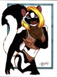  absurd_res animal_print anthro blonde_hair breasts butt clothed clothing female fluffy fluffy_tail fur hair hi_res looking_at_viewer mammal mephitid panties pinup pose skimpy skunk solo spotted_skunk terrie_smith traditional_media_(artwork) underwear 