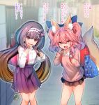 2girls animal_ear_fluff animal_ears black_hair blue_ribbon brown_hair casual commentary commentary_request embarrassed eyebrows_visible_through_hair fang fate/extra fate_(series) fox_ears fox_girl fox_tail gradient_hair hair_ribbon hairband highres long_hair low_twintails miniskirt multicolored_hair multiple_girls open_mouth osakabe-hime_(fate/grand_order) outdoors pink_hair ribbon school_uniform skirt sweat tail tamamo_(fate)_(all) tamamo_no_mae_(fate) translation_request twintails very_long_hair wisespeak yellow_eyes younger 