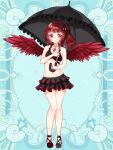  1girl bangs bare_arms bare_shoulders bikini bikini_skirt black_bikini black_umbrella breasts character_request collarbone eyebrows_visible_through_hair feathered_wings frilled_umbrella full_body hair_ornament holding holding_umbrella kerberos_blade layered_bikini looking_at_viewer mirai_(happy-floral) navel official_art parted_lips red_eyes red_footwear red_hair red_wings shoes side_ponytail small_breasts solo standing swimsuit umbrella wings 