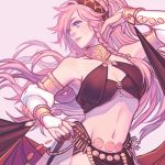  1girl breasts cleavage close-up english_commentary faithom fire_emblem fire_emblem_awakening fire_emblem_heroes floating_hair long_hair looking_to_the_side medium_breasts navel olivia_(fire_emblem) parted_lips pink_eyes pink_hair solo underboob very_long_hair 