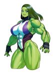  abs absurdres blue_eyes breasts commentary green_skin highres large_breasts leotard looking_at_viewer marvel muscle muscular_female she-hulk solo superhero synecdoche white_background 