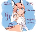  1girl :d animal_ear_fluff animal_ears armpits arrow_(symbol) bare_shoulders belt blue_background blue_eyes blush border bow bowtie breast_pocket breasts center_frills character_request commentary_request elbow_gloves eyebrows_visible_through_hair eyes_visible_through_hair flipped_hair frills from_side gloves hand_up kemono_friends looking_at_viewer multicolored_hair open_mouth orange_bow orange_gloves orange_neckwear orange_skirt paw_pose pine pocket shirt shirt_tucked_in sidelocks skirt sleeveless smile solo streaked_hair translation_request two-tone_gloves upper_body white_belt white_border white_gloves white_shirt 