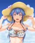  1girl bikini bikini_top blue_eyes blue_hair blue_nails blue_sky breasts cloud collarbone day gotland_(kantai_collection) graphite_(medium) hair_between_eyes hat highres kantai_collection long_hair looking_at_viewer medium_breasts mole mole_under_eye open_mouth outdoors print_bikini sky solo straw_hat suda_(yuunagi_enikki) sun_hat swimsuit traditional_media upper_body 