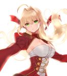  1girl absurdres ahoge blonde_hair breasts cleavage epaulettes fate/extra fate_(series) floating_hair gold_trim green_eyes hair_intakes highres juliet_sleeves long_hair long_sleeves looking_at_viewer medium_breasts nero_claudius_(fate) nero_claudius_(fate)_(all) parted_lips puffy_sleeves shirt shovelwell shrug_(clothing) simple_background solo strapless tubetop underbust upper_body white_background white_shirt 
