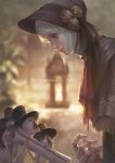  1girl artist_name ascot bangs black_headwear bloodborne blurry blurry_background bonnet capelet cloak commentary doll_joints flower from_side hat hat_flower highres holding holding_scroll jewelry jlien- joints looking_down necklace plain_doll scroll short_hair silver_hair top_hat yellow_flower 