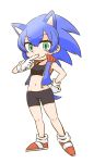  1girl animal_ears arm_behind_back bare_arms bare_legs bare_shoulders big_hair bike_shorts black_shorts black_sports_bra blue_hair chibi closed_mouth collared_vest extra_ears eyebrows_visible_through_hair full_body genderswap genderswap_(mtf) gloves green_eyes hair_between_eyes hand_up hedgehog_ears hedgehog_tail high_collar humanization kemono_friends looking_at_viewer navel open_clothes parody shishia shoes shorts sidelocks simple_background smile solo sonic sonic_the_hedgehog spiked_hair sports_bra standing stomach style_parody tail vest white_background white_gloves 