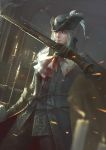  1girl artist_name black_gloves black_headwear blood bloodborne bloody_clothes blurry blurry_background brown_pants candle candlelight cloak commentary cravat facing_viewer feathers gloves grey_hair gun hand_up hat hat_feather highres holding indoors jlien- lady_maria_of_the_astral_clocktower long_hair pants ponytail solo striped striped_pants tricorne weapon white_hair 