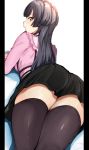  1girl alp ass bangs black_hair black_legwear black_skirt blunt_bangs blush breasts brown_eyes closed_mouth eyebrows_visible_through_hair from_behind highres idolmaster idolmaster_shiny_colors long_hair long_sleeves looking_at_viewer looking_back lying mayuzumi_fuyuko medium_breasts miniskirt on_stomach pillarboxed pink_shirt shirt simple_background skirt solo straight_hair thighhighs two_side_up white_background zettai_ryouiki 