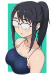  1girl black_hair collarbone glasses hashi houkago_teibou_nisshi oono_makoto opaque_glasses ponytail school_swimsuit simple_background solo swimsuit upper_body 