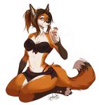  anthro beverage blue_eyes bottomwear bra canid canine clothing cup drinking female fox hair hi_res kneeling looking_at_viewer mammal my-loveless nails red_fox skirt solo straw tiny_umbrella underwear 