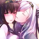  2girls black_hair blush closed_eyes commentary_request eyebrows_visible_through_hair gloves hair_between_eyes hatsuzuki_(kantai_collection) kantai_collection multiple_girls open_mouth pin.s suzutsuki_(kantai_collection) teeth tongue upper_body white_hair yuri 