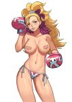  1girl animal_print areola_slip areolae ass_visible_through_thighs bandaid bandaids_on_nipples big_hair bikini bikini_bottom blonde_hair blush boxing_gloves breasts bubuki_buranki bunny_print cessa cleavage clenched_hands commentary commission contrapposto english_commentary hair_ornament hair_scrunchie hazama_zetsubi high_ponytail highres large_breasts mouth_hold multicolored_hair navel pasties pink_bikini purple_eyes purple_hair scrunchie side-tie_bikini solo standing swimsuit topless two-tone_hair tying white_background 