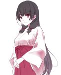  1girl alternate_costume black_hair closed_mouth eyebrows_visible_through_hair hair_ribbon hakama isokaze_(kantai_collection) japanese_clothes kantai_collection long_hair miko red_eyes red_hakama red_ribbon ribbon simple_background smile solo tress_ribbon u0709 white_background wide_sleeves 