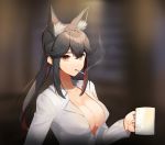  1girl absurdres alternate_hairstyle animal_ear_fluff animal_ears arknights bangs black_hair blurry blurry_background breasts brown_eyes cigarette collarbone cup eyebrows_visible_through_hair hair_between_eyes highres holding holding_cup large_breasts long_hair long_sleeves looking_at_viewer mouth_hold mug multicolored_hair penguin_logistics_logo red_hair shirt shovelwell sidelocks smoke smoking solo streaked_hair texas_(arknights) upper_body white_shirt wolf_ears 