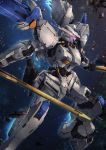  aiyat_@_maotto blurry blurry_background commentary_request damaged debris dual_wielding glowing glowing_eyes gundam gundam_bael gundam_tekketsu_no_orphans highres holding holding_sword holding_weapon looking_away mecha no_humans pink_eyes profile robot science_fiction solo space sword thrusters v-fin weapon 