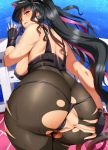  1girl ass ass_grab bent_over bikini black_bikini black_bodysuit black_gloves black_hair bodysuit breasts fate/grand_order fate_(series) fingerless_gloves forehead_tattoo from_behind gloves grabbing_own_ass hand_on_ass hand_on_own_ass hat highres large_breasts long_hair looking_back magukappu multicolored_hair peaked_cap police_hat ponytail presenting purple_hair revision sesshouin_kiara sesshouin_kiara_(swimsuit_mooncancer)_(fate) solo spread_ass streaked_hair swimsuit torn_bodysuit torn_clothes yellow_eyes 