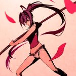  1girl floating_hair holding holding_sword holding_weapon katana long_hair looking_at_viewer moshimoshibe open_fly purple_hair red_eyes sheath solo sword under_night_in-birth unsheathing weapon yuzuriha_(under_night_in-birth) 
