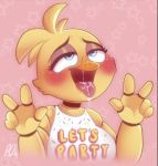 ahegao animatronic anthro avian beak bib bird blush blushing_profusely bodily_fluids chicken choker eye_roll female five_nights_at_freddy&#039;s five_nights_at_freddy&#039;s_2 galliform gallus_(genus) jewelry looking_pleasured low_res machine necklace peace_signs phasianid robot saliva saliva_on_tongue smile solo tagme toy_chica_(fnaf) unknown_artist video_games 